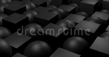 3D动画。 黑色<strong>球体</strong>和立方体或盒子是随机移动的，上下上升。 无缝环。 关门